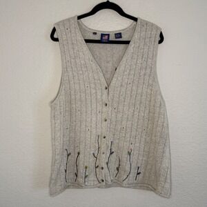 Vintage Womens 1X Beige Vest Knit Embroidered‎ Coastal Lagenlook Lagom Feminine